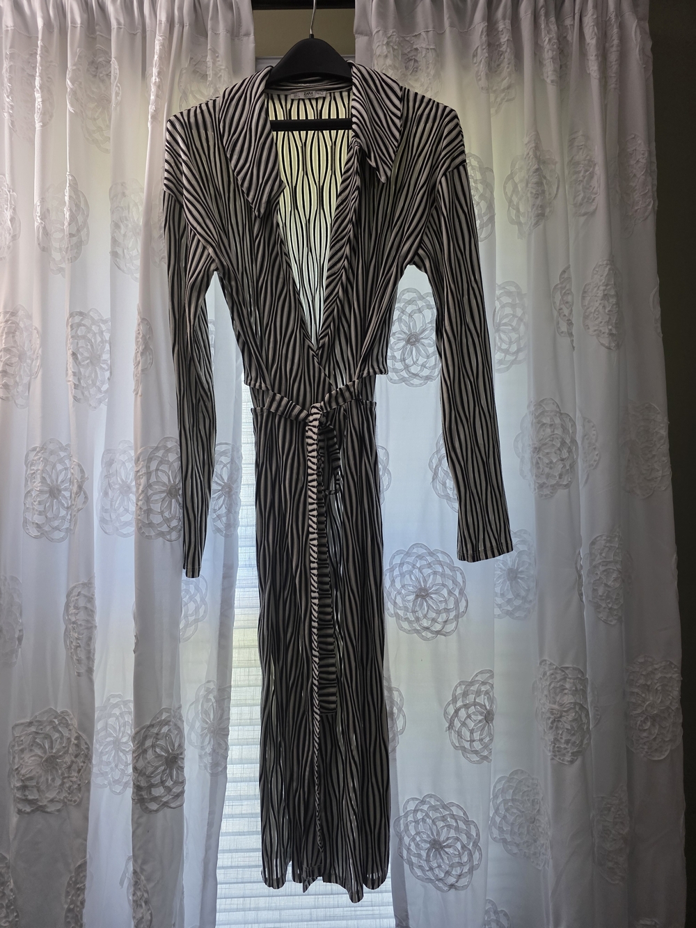 Zara Black & White Striped Midi Wrap Dress with Tie Waist.